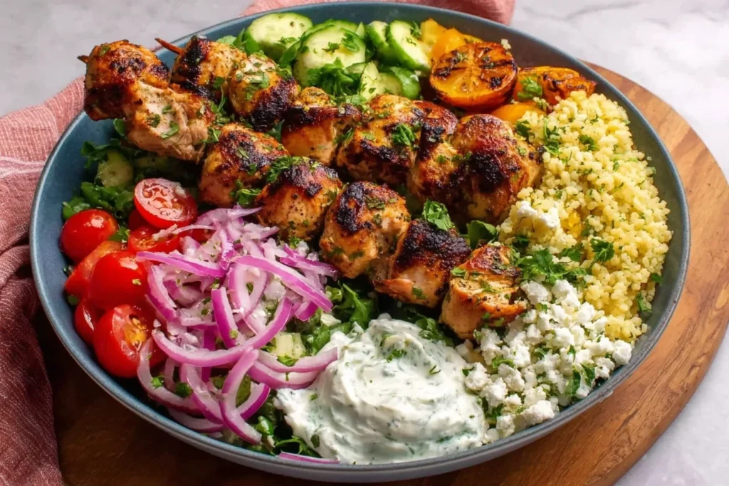 Chicken Skewer Mediterranean Bowl with grilled chicken souvlaki skewers, fluffy couscous, tzatziki, pickled red onions, cucumbers, tomatoes, and feta.