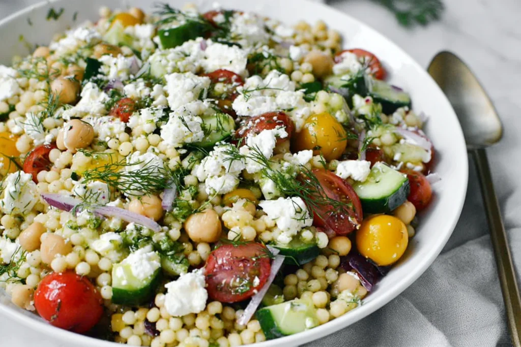 Greek Couscous Salad with Israeli couscous, chickpeas, cucumbers, cherry tomatoes, feta, dill, and olives in a white bowl.