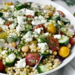 Greek Couscous Salad with Israeli couscous, chickpeas, cucumbers, cherry tomatoes, feta, dill, and olives in a white bowl.