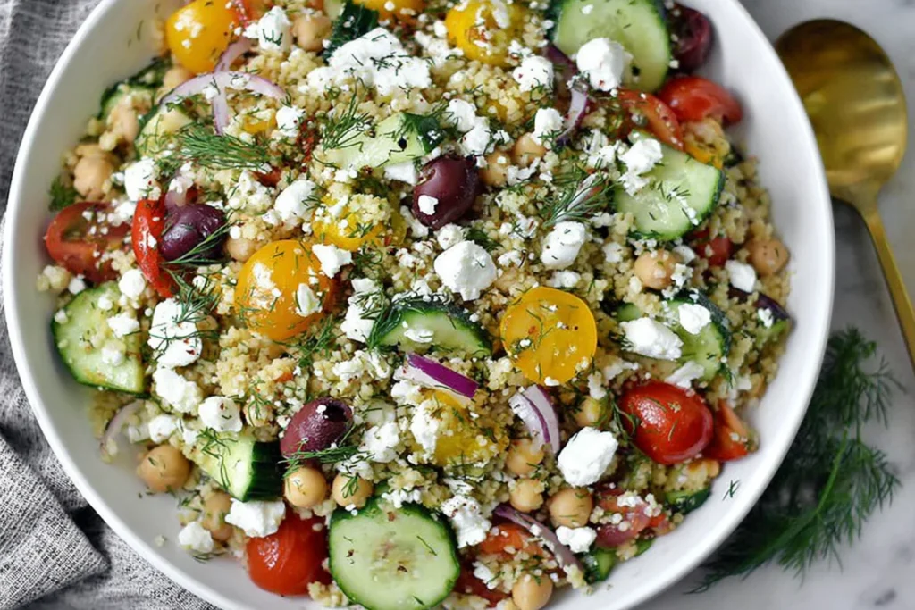 Greek Couscous Salad with chickpeas, cucumbers, cherry tomatoes, kalamata olives, feta, and fresh dill in a white bowl.