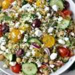 Greek Couscous Salad with chickpeas, cucumbers, cherry tomatoes, kalamata olives, feta, and fresh dill in a white bowl.