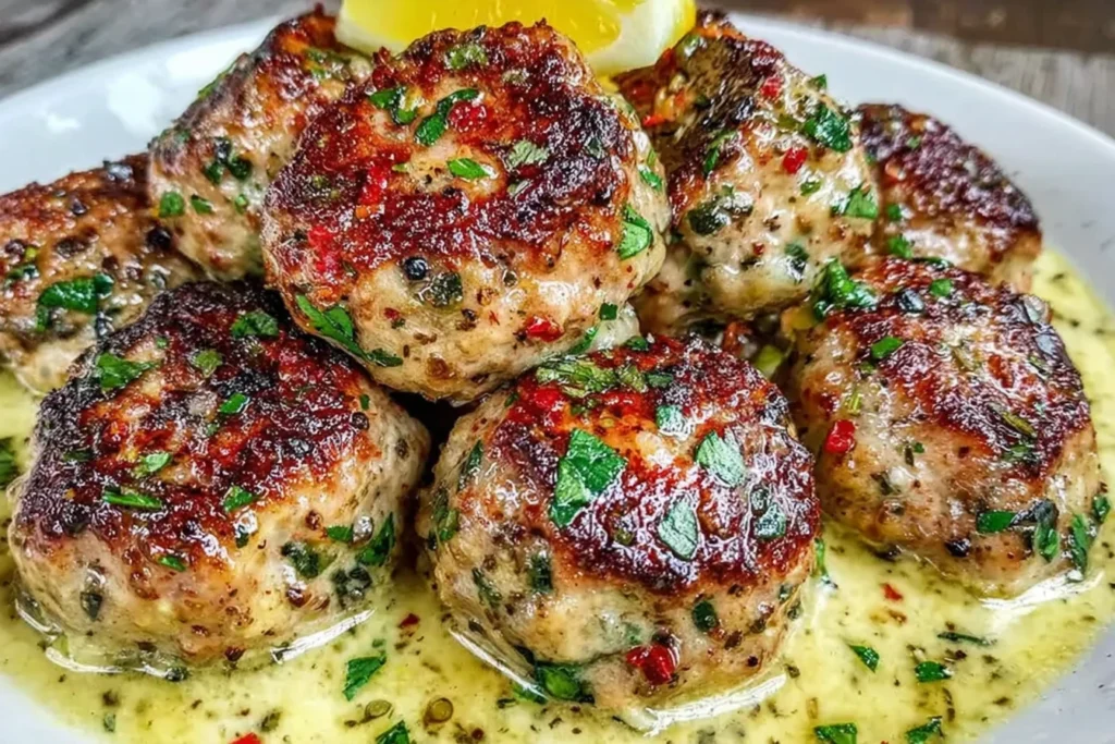 Flavorful Greek Meatballs in Lemon Sauce simmered in a creamy lemon-herb pan sauce, topped with fresh parsley and served with lemon wedges.