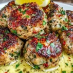 Flavorful Greek Meatballs in Lemon Sauce simmered in a creamy lemon-herb pan sauce, topped with fresh parsley and served with lemon wedges.