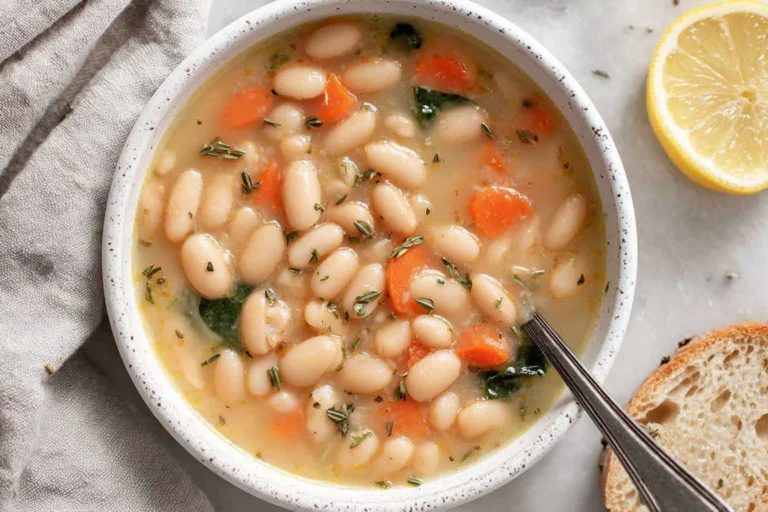 Bowl of Greek White Bean Soup With Garlic & Lemon with tender cannellini beans, carrots, herbs, and a lemon wedge on the side.