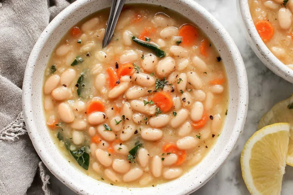 Close-up bowl of Greek White Bean Soup With Garlic & Lemon with cannellini beans, carrots, herbs, and cracked pepper, served with lemon wedges.
