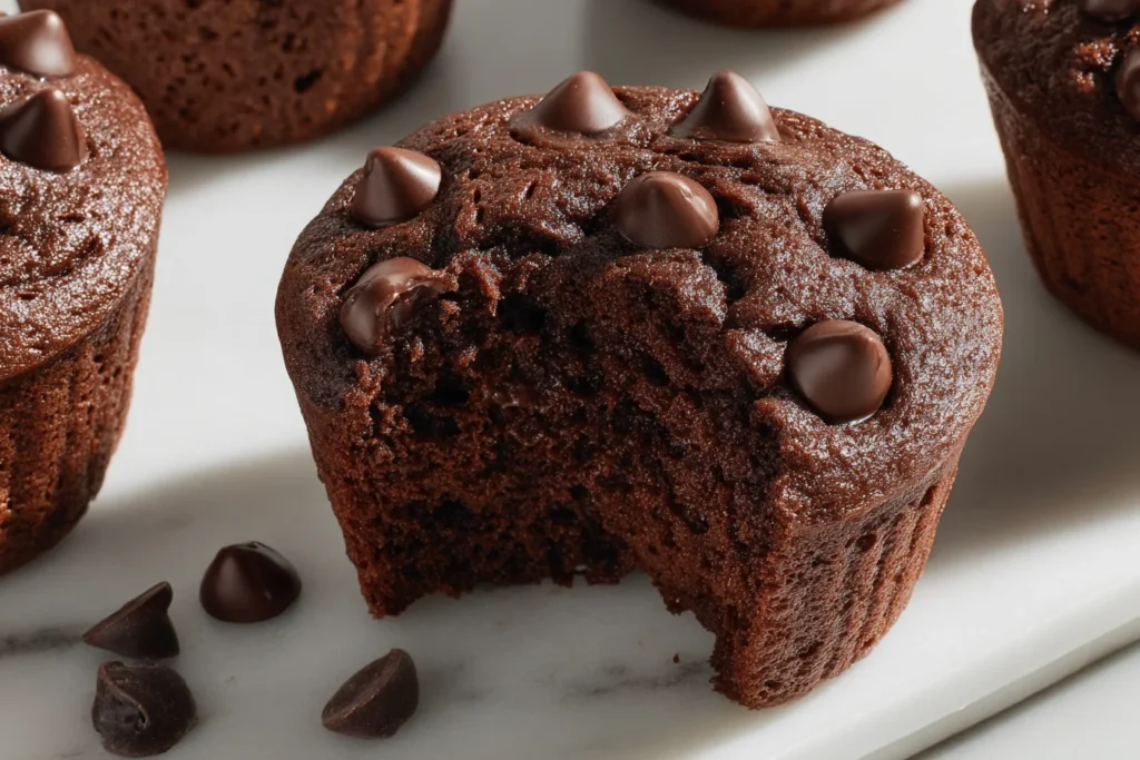 Greek Yogurt Choco Muffins with melty chocolate chips, rich and fluffy chocolate muffins on a marble surface