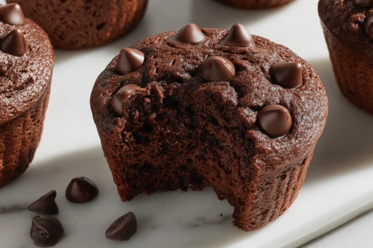 Greek Yogurt Choco Muffins with melty chocolate chips, rich and fluffy chocolate muffins on a marble surface