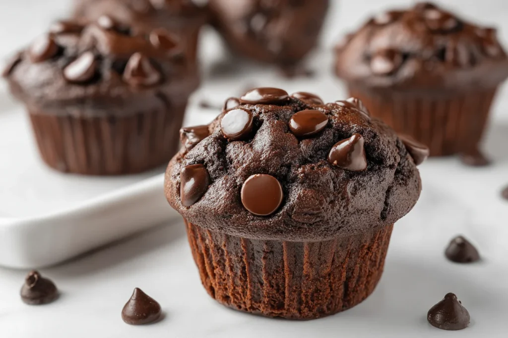 Greek Yogurt Choco Muffins topped with glossy chocolate chips, soft bakery-style chocolate muffin on a white surface