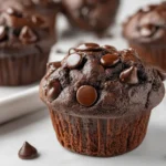 Greek Yogurt Choco Muffins topped with glossy chocolate chips, soft bakery-style chocolate muffin on a white surface