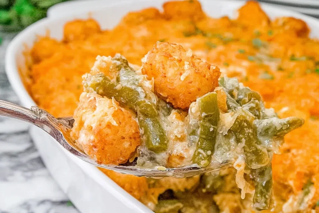 Spoonful of Green Bean Casserole with Tater Tots showing creamy green beans, melted cheese, and crispy golden tater tots in a baking dish.