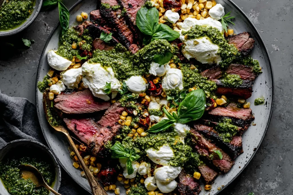 Grilled Flank Steak with Burrata & Pesto plated with sliced charred flank steak, creamy burrata, grilled corn, and arugula pesto drizzle.