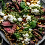 Grilled Flank Steak with Burrata & Pesto plated with sliced charred flank steak, creamy burrata, grilled corn, and arugula pesto drizzle.