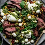 Grilled Flank Steak with Burrata & Pesto on a platter with sliced grilled steak, creamy burrata, charred corn, and arugula pesto.
