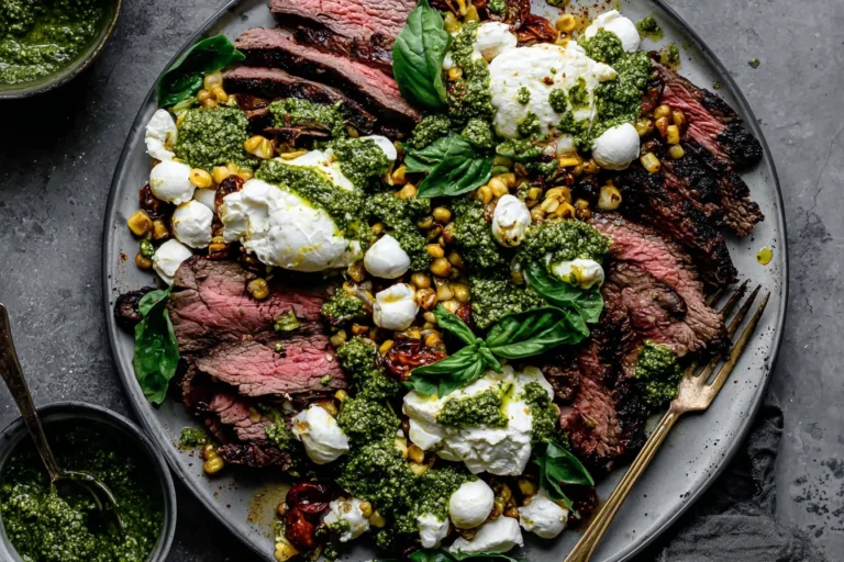 Grilled Flank Steak with Burrata & Pesto on a platter with sliced grilled steak, creamy burrata, charred corn, and arugula pesto.