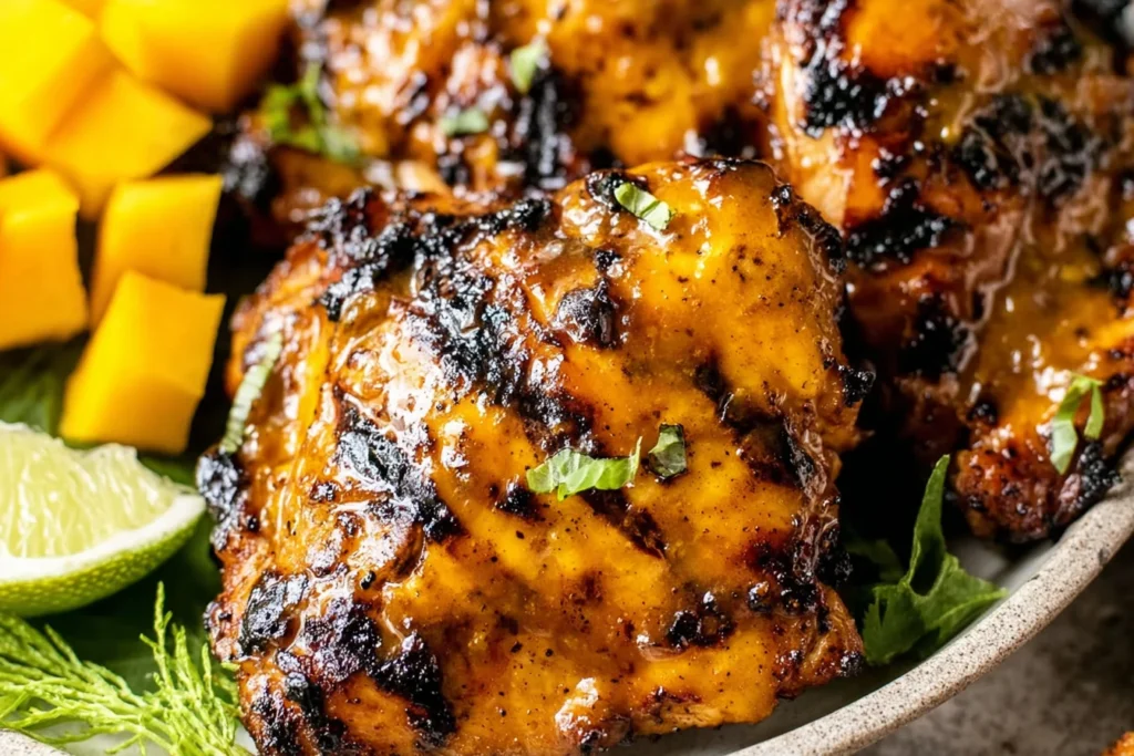 Grilled Mango Chicken Recipe with caramelized mango glaze, charred edges, fresh herbs, lime wedge, and diced mango on the side.