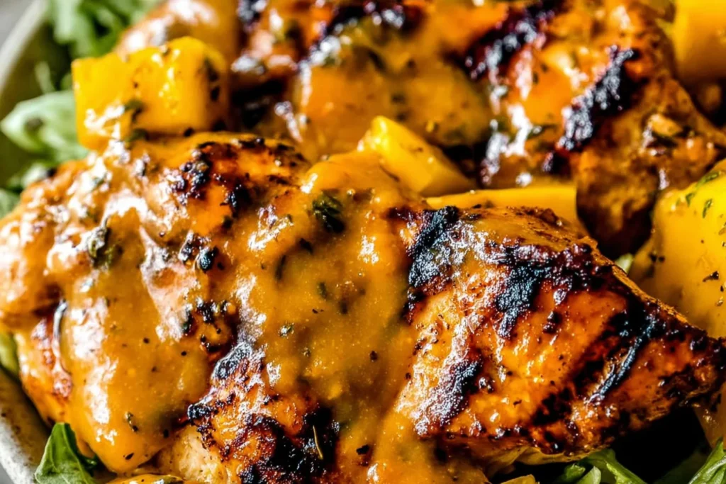 Grilled Mango Chicken recipe with charred grill marks, coated in creamy mango sauce and topped with diced mango over fresh greens.