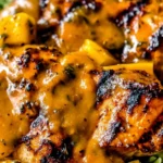 Grilled Mango Chicken recipe with charred grill marks, coated in creamy mango sauce and topped with diced mango over fresh greens.