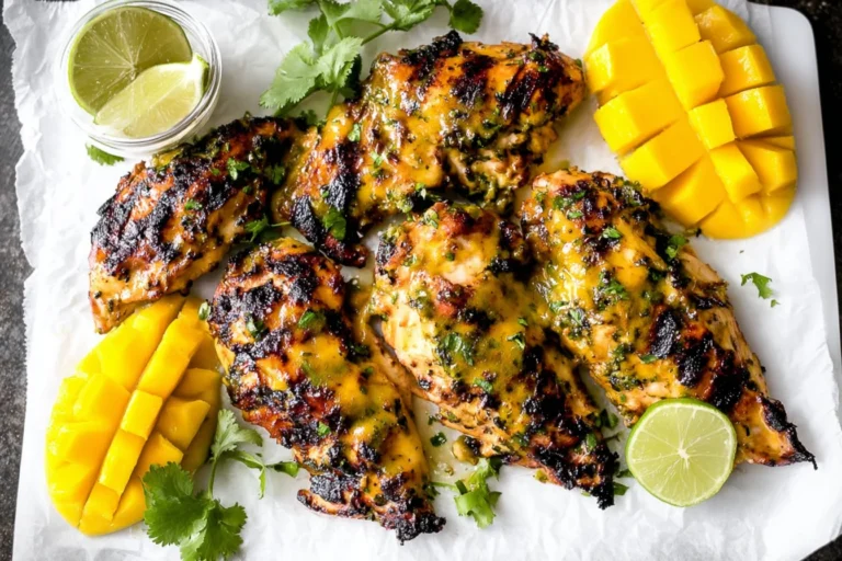 Grilled Mango Lime Chicken on a platter with charred edges, fresh cilantro, lime wedges, and sliced mango.
