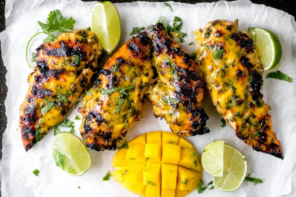 Grilled Mango Lime Chicken breasts with mango-lime glaze, charred grill marks, fresh cilantro, and lime wedges on parchment.