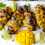 Grilled Mango Lime Chicken breasts with mango-lime glaze, charred grill marks, fresh cilantro, and lime wedges on parchment.