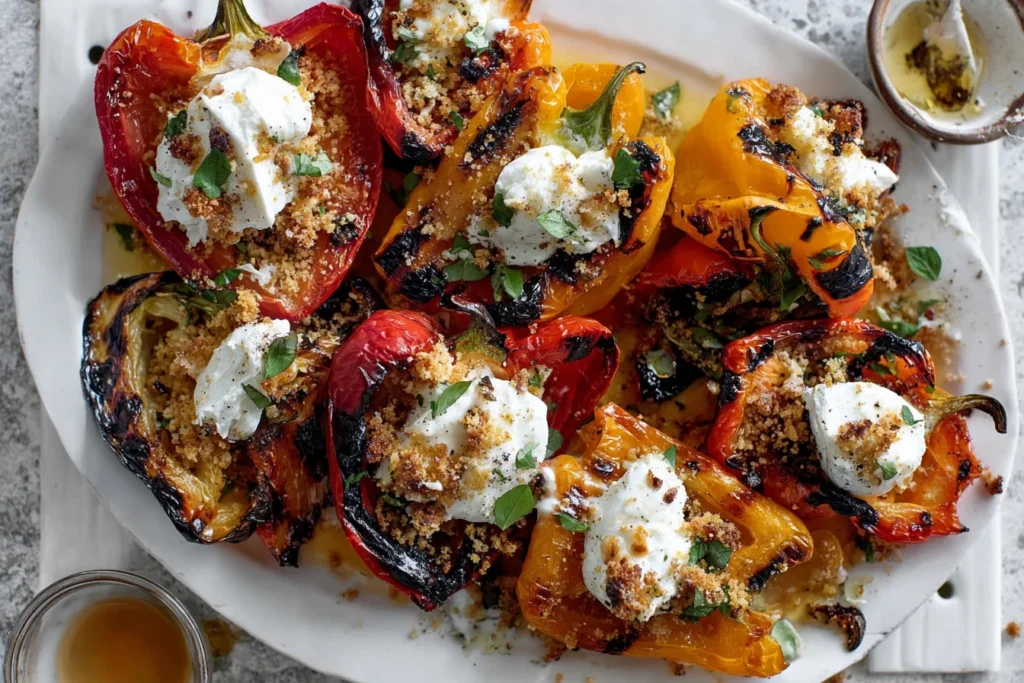 Grilled Marinated Peppers with burrata and toasted sourdough breadcrumbs, topped with fresh herbs and charred edges on a white serving platter.