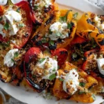 Grilled Marinated Peppers with burrata and toasted sourdough breadcrumbs, topped with fresh herbs and charred edges on a white serving platter.