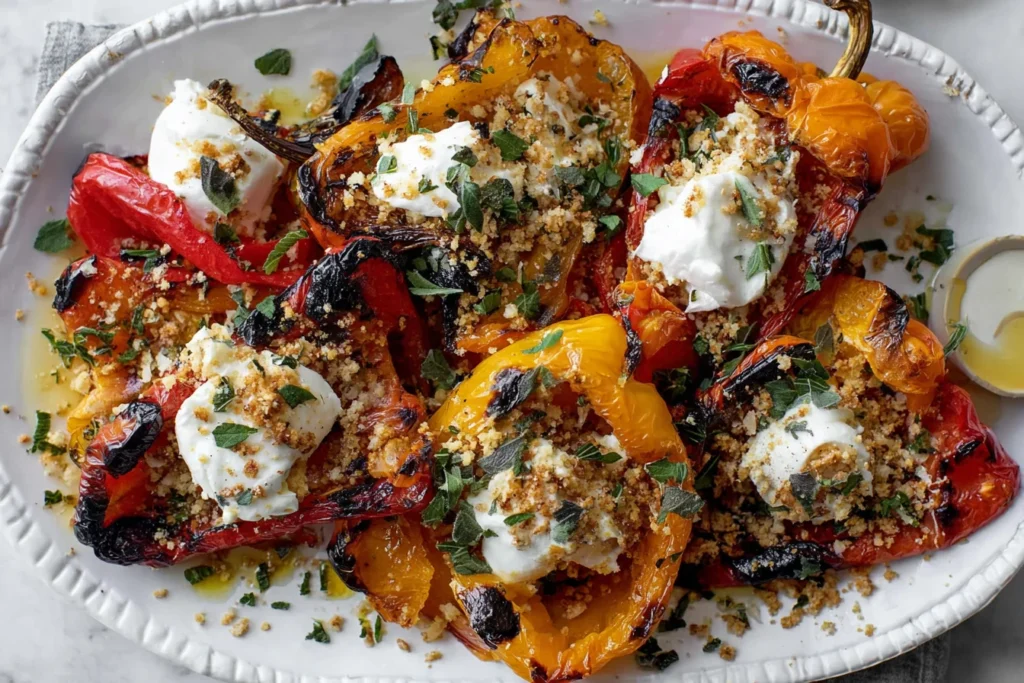 Grilled Marinated Peppers topped with creamy burrata, crunchy garlic breadcrumbs, fresh herbs, and a drizzle of olive oil on a white platter.