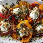 Grilled Marinated Peppers topped with creamy burrata, crunchy garlic breadcrumbs, fresh herbs, and a drizzle of olive oil on a white platter.