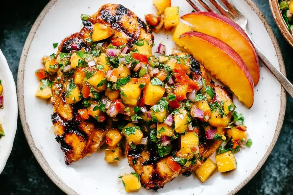 Peach Salsa Chicken plated with grilled glazed chicken topped with fresh peach salsa, plus sliced peaches on the side.