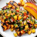 Peach Salsa Chicken plated with grilled glazed chicken topped with fresh peach salsa, plus sliced peaches on the side.