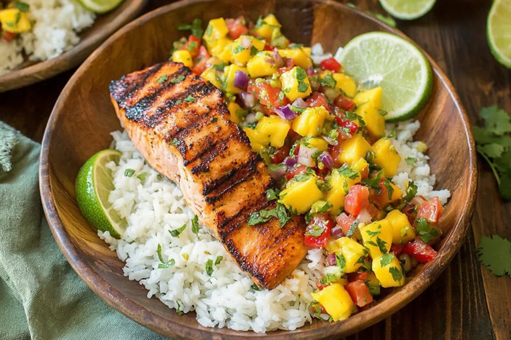 Grilled Salmon with Mango Salsa and Coconut Rice served in a bowl with fresh lime wedges and vibrant mango avocado salsa.