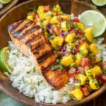 Grilled Salmon with Mango Salsa and Coconut Rice served in a bowl with fresh lime wedges and vibrant mango avocado salsa.