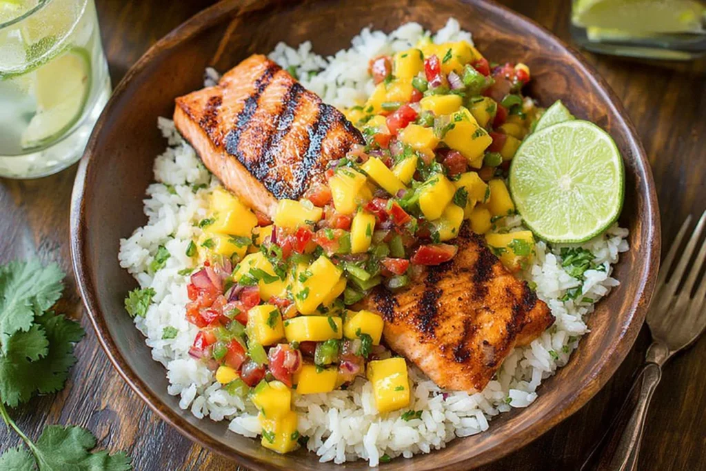 Grilled Salmon with Mango Salsa and Coconut Rice in a wooden bowl with fluffy rice, bright mango salsa, and a fresh lime wedge.