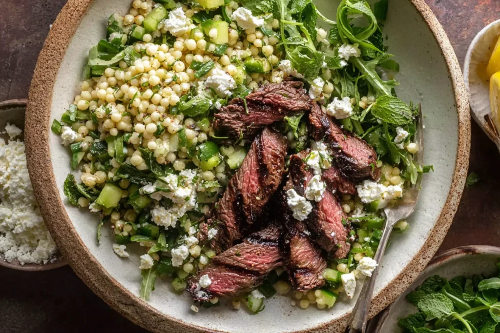 Grilled Skirt Steak with Lemon Herb Couscous Salad served in a rustic bowl with Israeli couscous, cucumber, arugula, fresh herbs, and crumbled feta.