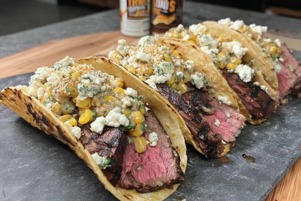 Grilled Steak Elote Tacos with juicy sliced ribeye, charred corn elote topping, cotija cheese, and toasted tortillas on a serving board.