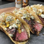 Grilled Steak Elote Tacos with juicy sliced ribeye, charred corn elote topping, cotija cheese, and toasted tortillas on a serving board.