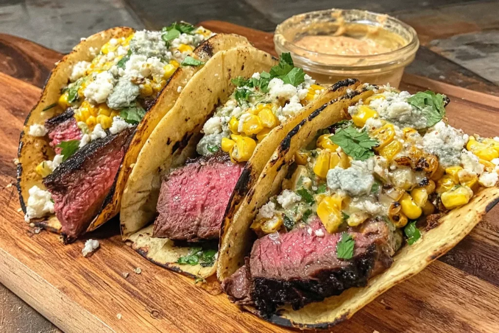 Grilled Steak Elote Tacos on charred corn tortillas with sliced medium-rare ribeye, creamy street corn elote, cotija cheese, cilantro, and a side sauce.