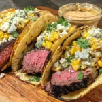 Grilled Steak Elote Tacos on charred corn tortillas with sliced medium-rare ribeye, creamy street corn elote, cotija cheese, cilantro, and a side sauce.
