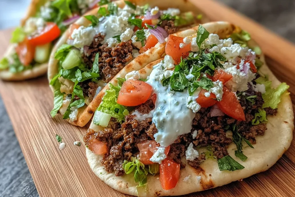 Ground Beef Gyros on grilled pita topped with seasoned ground beef, tzatziki, tomatoes, cucumber, red onion, herbs, and crumbled feta.