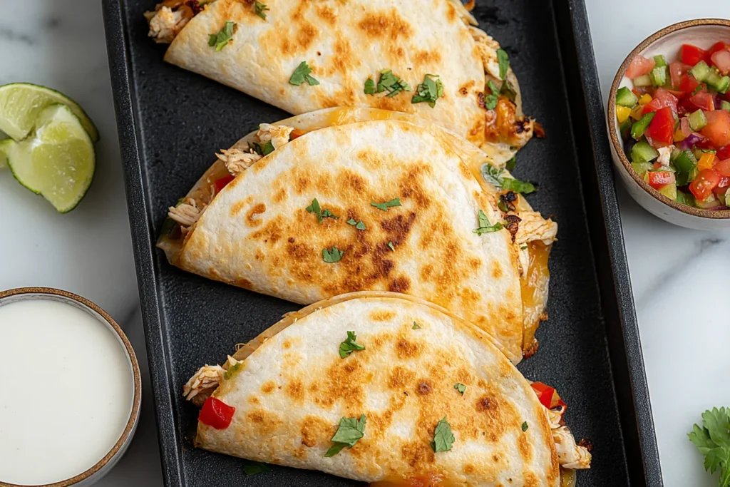 Healthy Baked Chicken Quesadilla baked until golden and crispy on a sheet pan, filled with shredded chicken, peppers, and melted cheese.