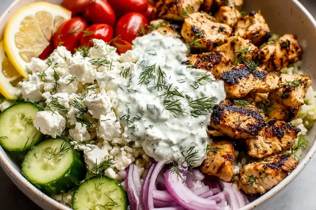 High Protein Mediterranean Lemon Dill Chicken Bowl with charred lemon-dill chicken, creamy tzatziki, feta, cucumbers, tomatoes, and red onion over rice.