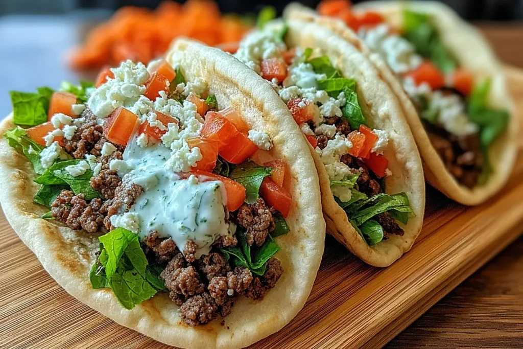 Ground Beef Gyros in warm pita with seasoned beef, crisp lettuce, diced tomatoes, feta, and creamy tzatziki sauce on a wooden board.