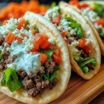 Ground Beef Gyros in warm pita with seasoned beef, crisp lettuce, diced tomatoes, feta, and creamy tzatziki sauce on a wooden board.