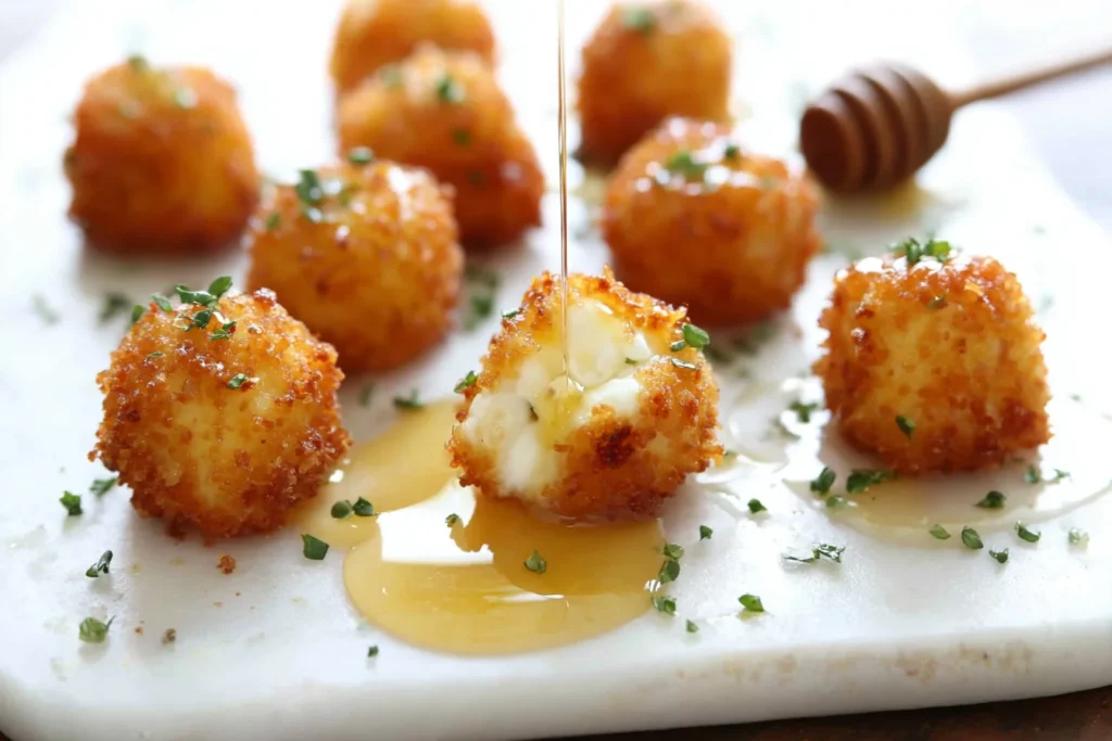 Crispy Goat Cheese Poppers with Honey being drizzled with honey, showing a creamy melted center and crispy golden panko crust on a serving board.