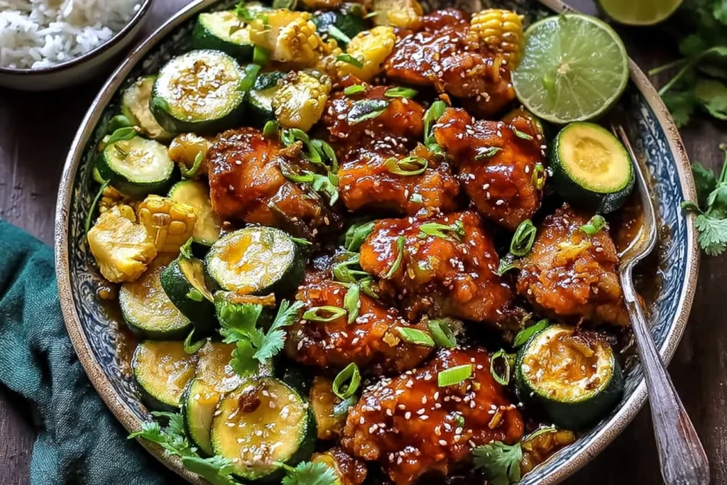 Sheet Pan Hot Honey Garlic Chicken and Zucchini with juicy glazed chicken bites, sautéed zucchini, corn, sesame seeds, and lime in a bowl.