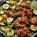 Sheet Pan Hot Honey Garlic Chicken and Zucchini with juicy glazed chicken bites, sautéed zucchini, corn, sesame seeds, and lime in a bowl.