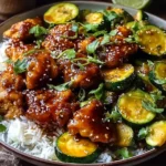 Sheet Pan Hot Honey Garlic Chicken and Zucchini served over fluffy white rice with sesame seeds, fresh herbs, and caramelized sticky glaze.