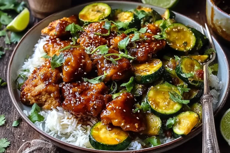 Sheet Pan Hot Honey Garlic Chicken and Zucchini served over fluffy white rice with sesame seeds, fresh herbs, and caramelized sticky glaze.