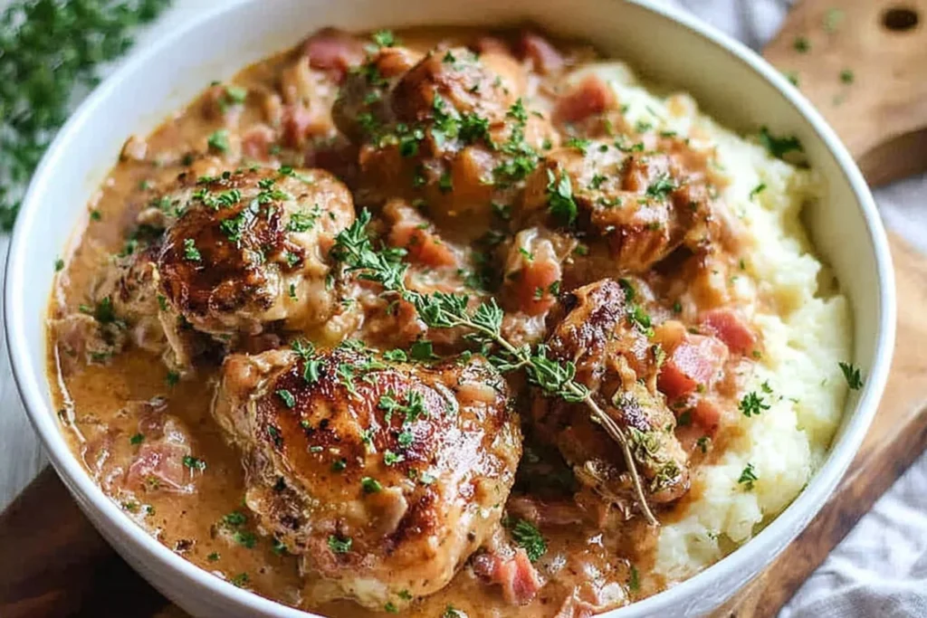 Italian Crockpot Chicken Thighs served over mashed potatoes with creamy tomato herb sauce and fresh parsley in a white bowl.