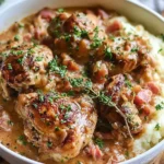 Italian Crockpot Chicken Thighs served over mashed potatoes with creamy tomato herb sauce and fresh parsley in a white bowl.